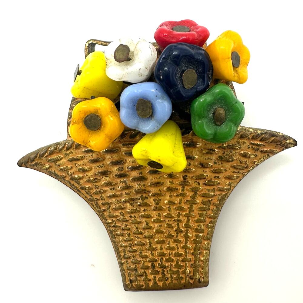 Antique vintage gold tone brass multicolor molded glass flowers beads dress clip